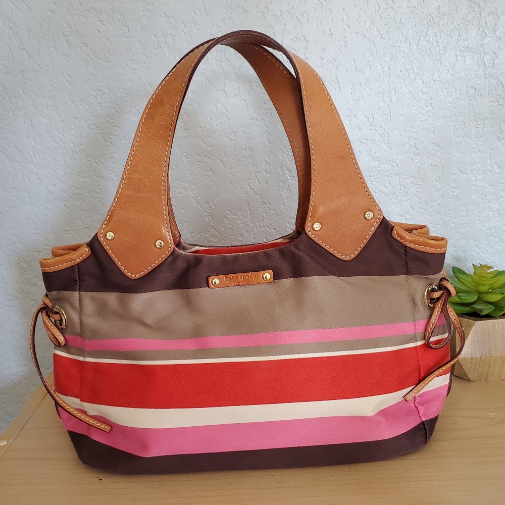 Kate Spade Striped Canvas Tote Bag in Brown, Red & Pink